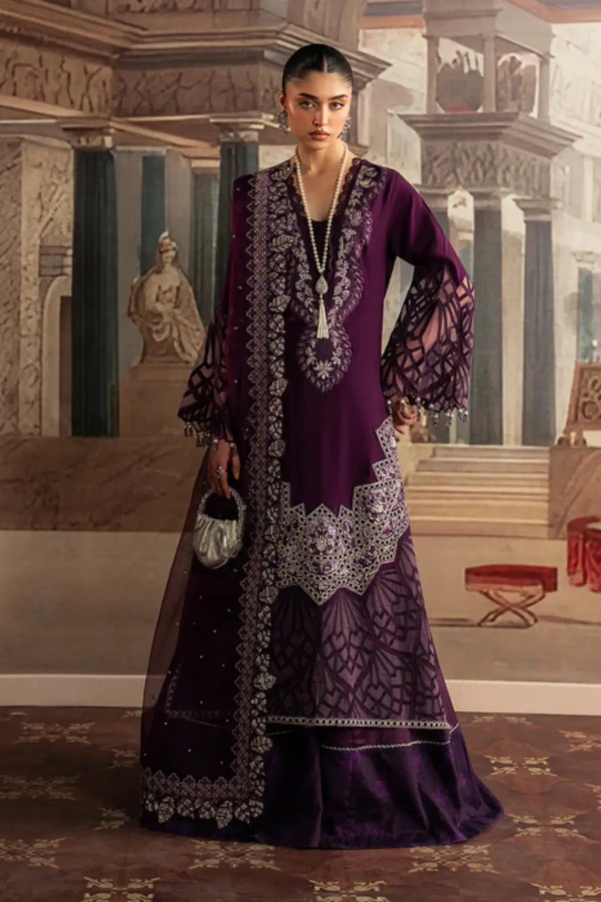 Banafsh by Sadaf Fawad Khan purple embroidered sharara from Roya Lumière Collection