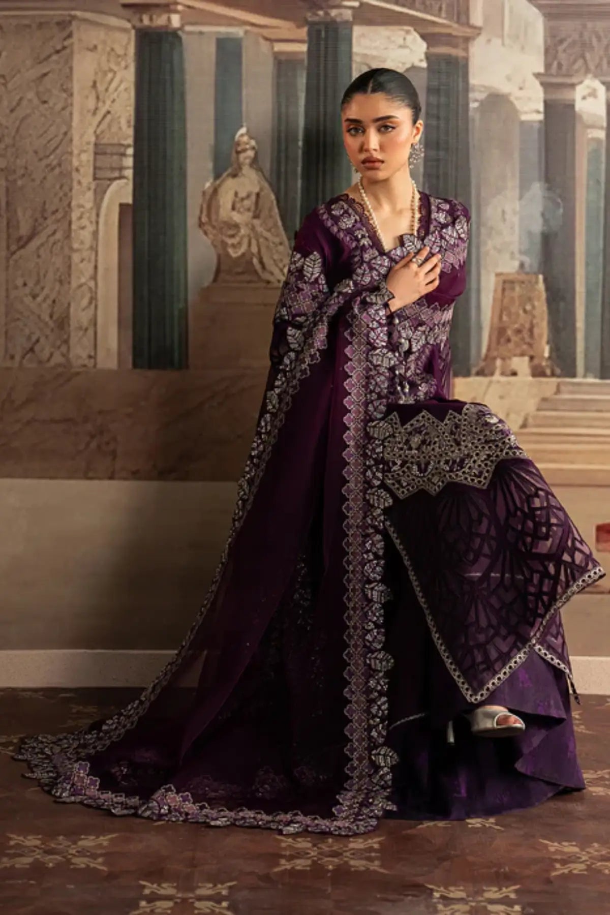 Banafsh by Sadaf Fawad Khan purple embroidered sharara from Roya Lumière Collection