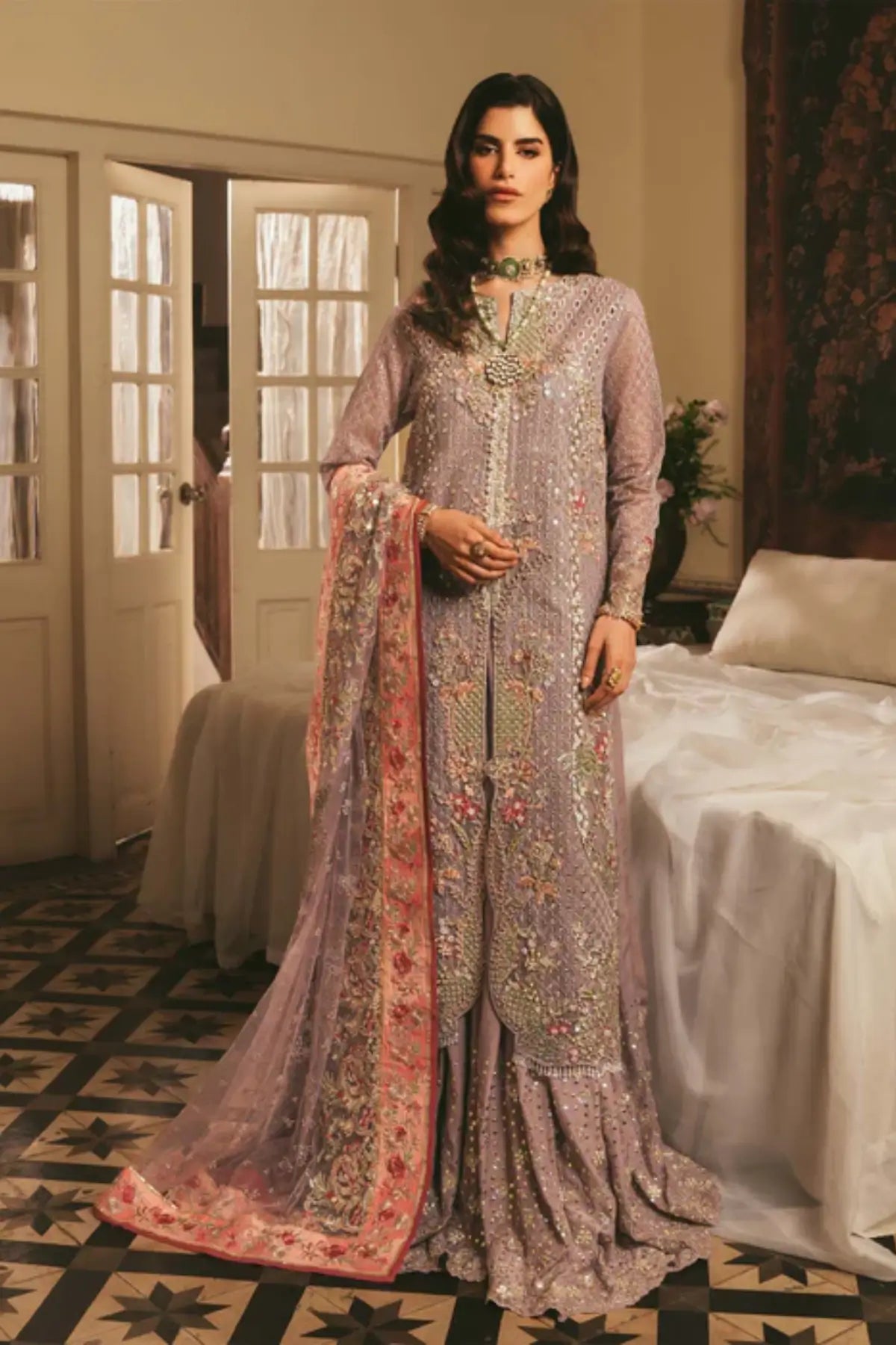 Barelle embellished lilac maxi dress with net dupatta