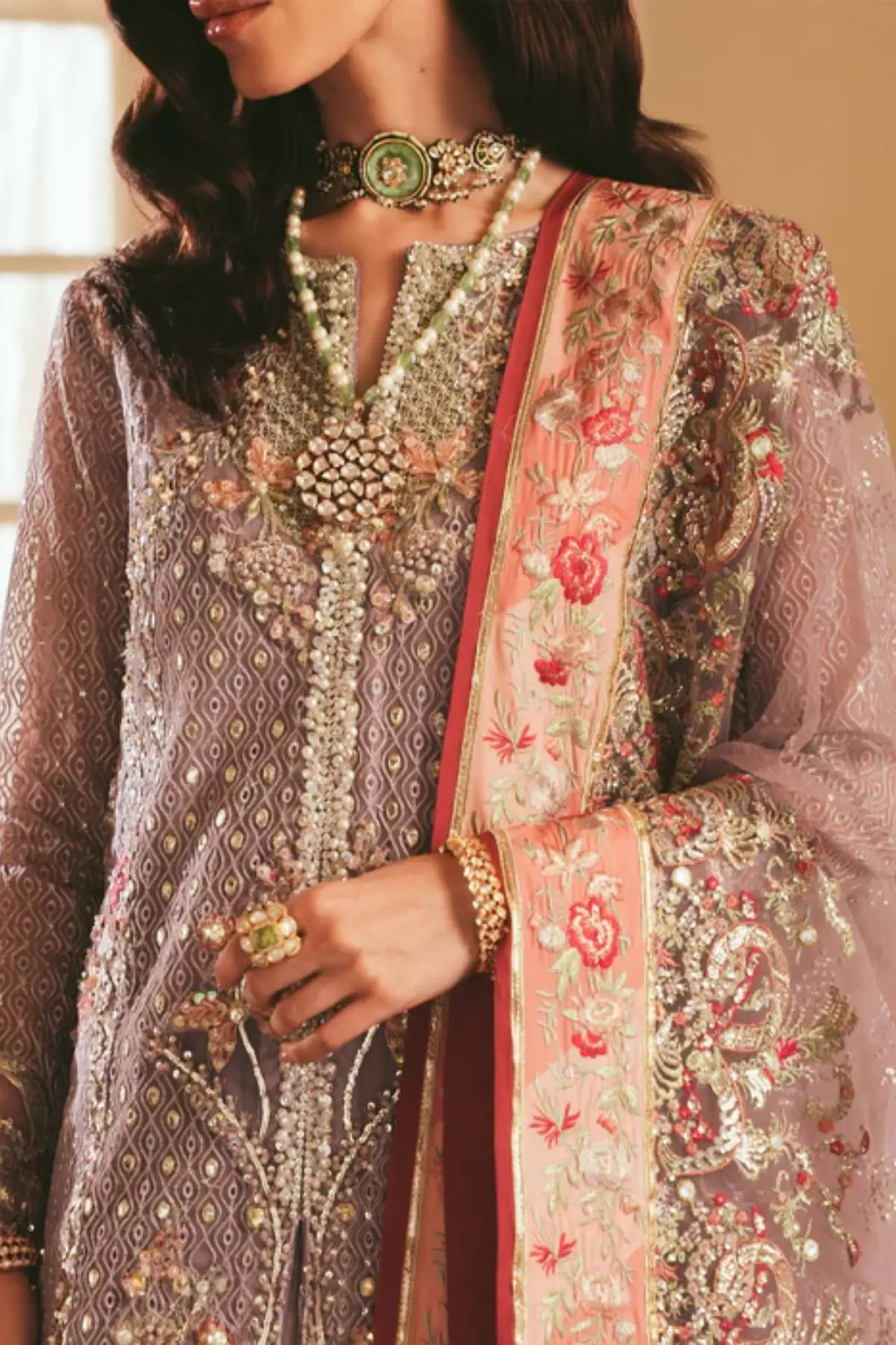 Barelle embellished lilac maxi dress with net dupatta