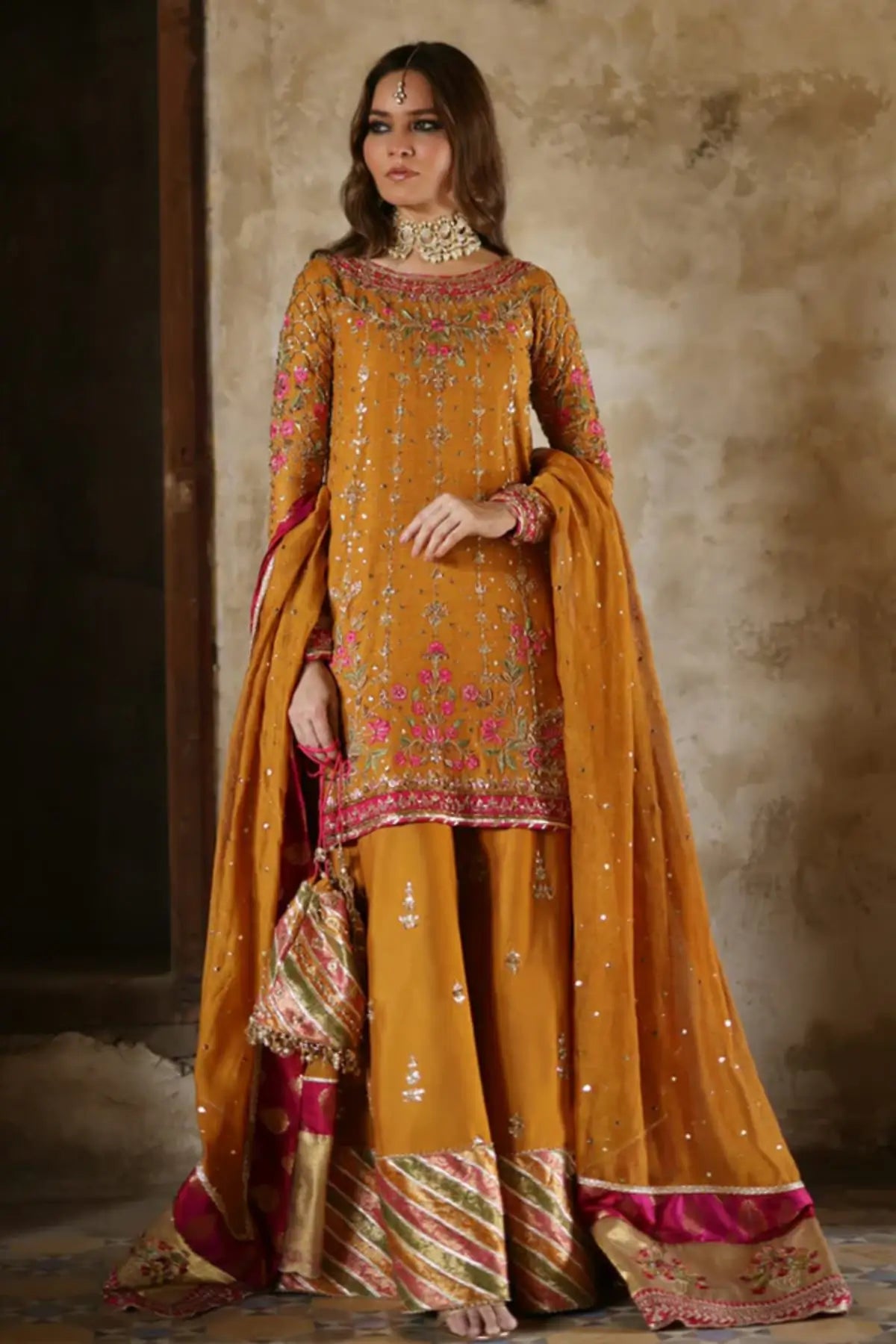 Barkha Mustard Gold Handmade Mehndi Suit with Pink Floral Embellishments, Raw Silk Pants and Silk Net Dupatta
