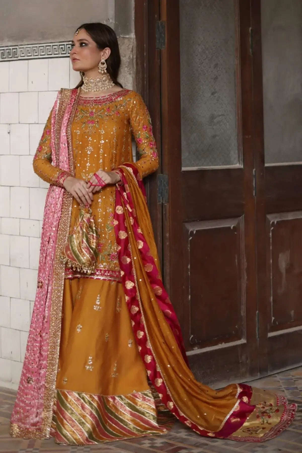Barkha Mustard Gold Handmade Mehndi Suit with Pink Floral Embellishments, Raw Silk Pants and Silk Net Dupatta