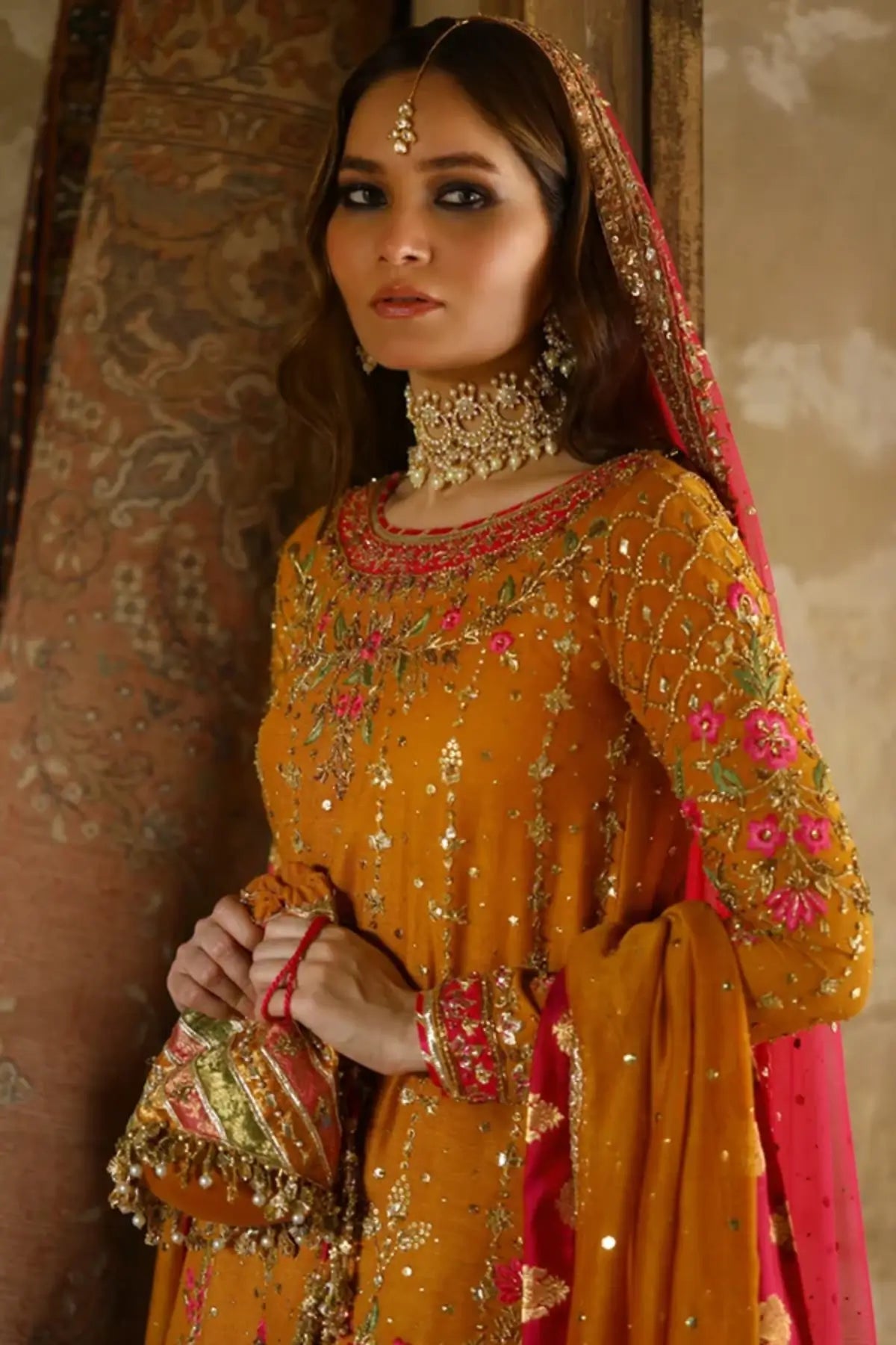 Barkha Mustard Gold Handmade Mehndi Suit with Pink Floral Embellishments, Raw Silk Pants and Silk Net Dupatta