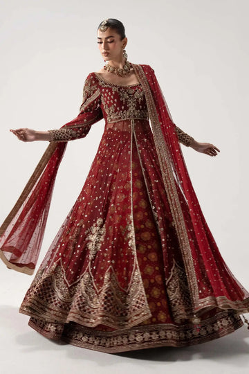 Bazif deep red royal bridal pishwas lehenga set with jamawar lehenga and net dupatta by Maria B