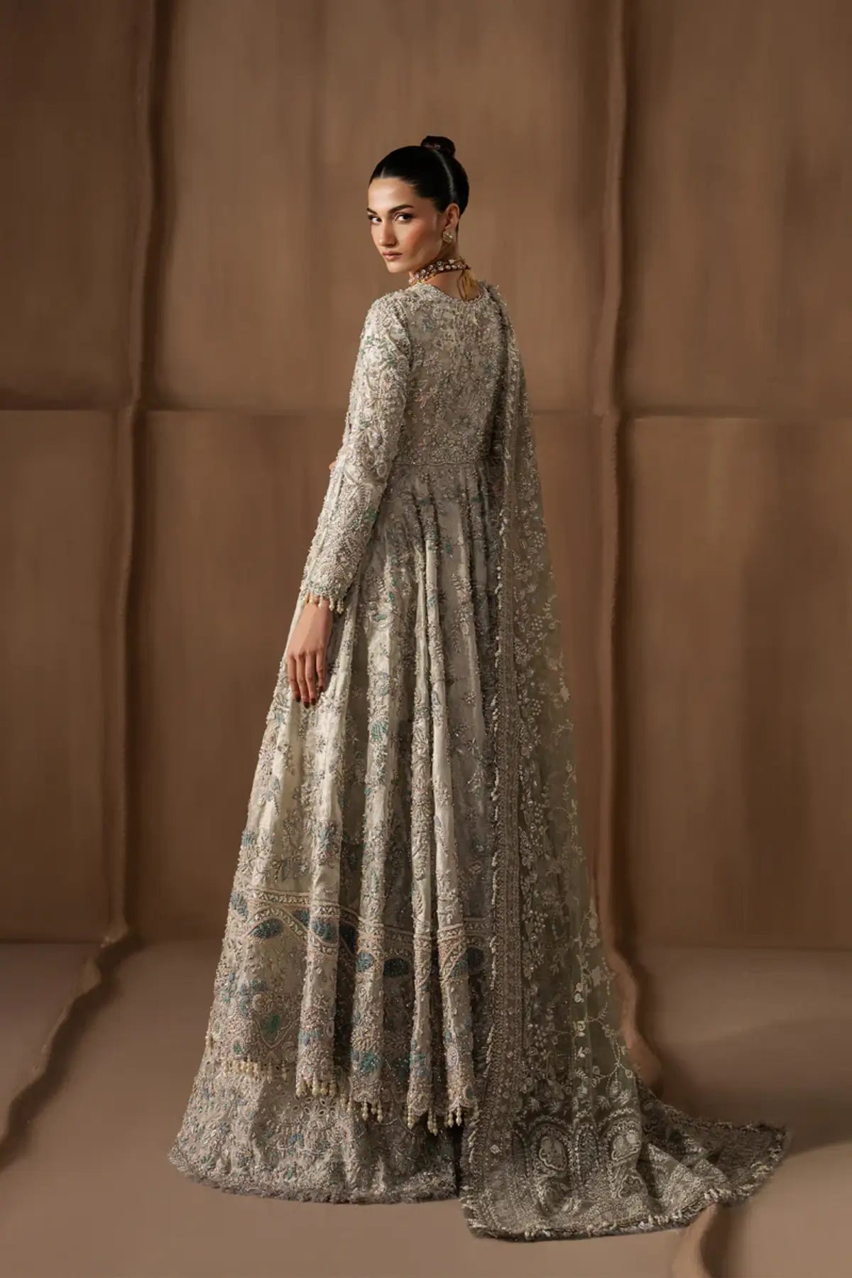 Beactrice by Afrozeh silver mint stitched angrakha pishwas with tissue zari and net dupatta