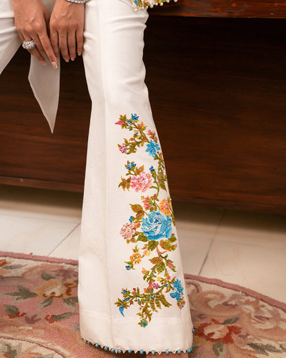 Beautiful Floral Raw Silk Jacket With Bootcut Pants