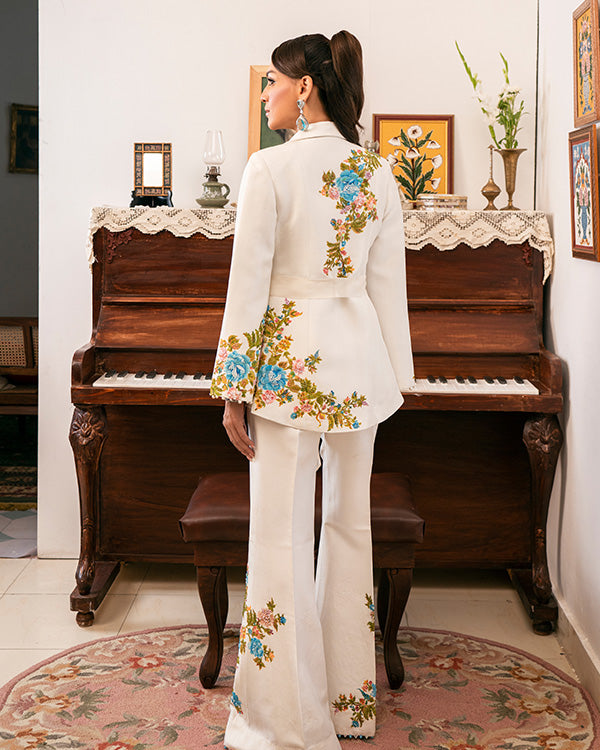 Beautiful Floral Raw Silk Jacket With Bootcut Pants