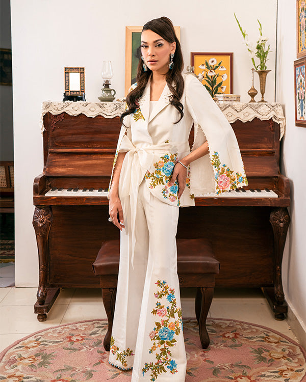 Beautiful Floral Raw Silk Jacket With Bootcut Pants