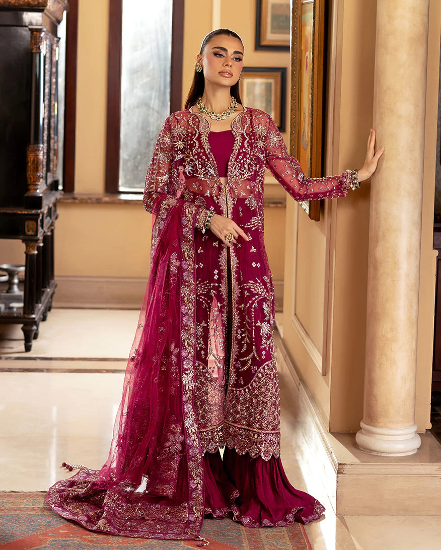 Bebo from Mushq Darlings Wedding Collection deep pink jacket with stitched Lehenga and organza dupatta at Pakistanimoda.