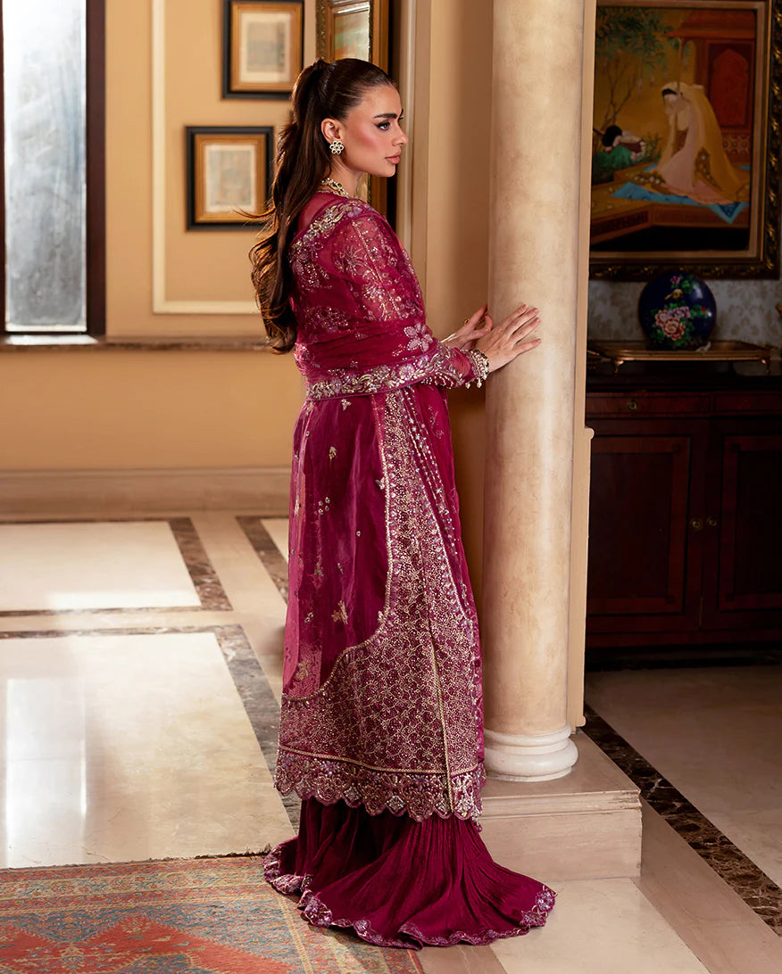 Bebo from Mushq Darlings Wedding Collection deep pink jacket with stitched Lehenga and organza dupatta at Pakistanimoda.