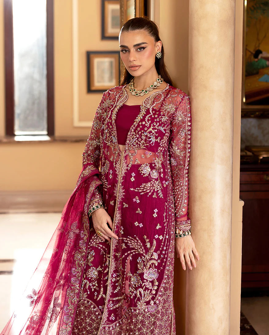 Bebo from Mushq Darlings Wedding Collection deep pink jacket with stitched Lehenga and organza dupatta at Pakistanimoda.