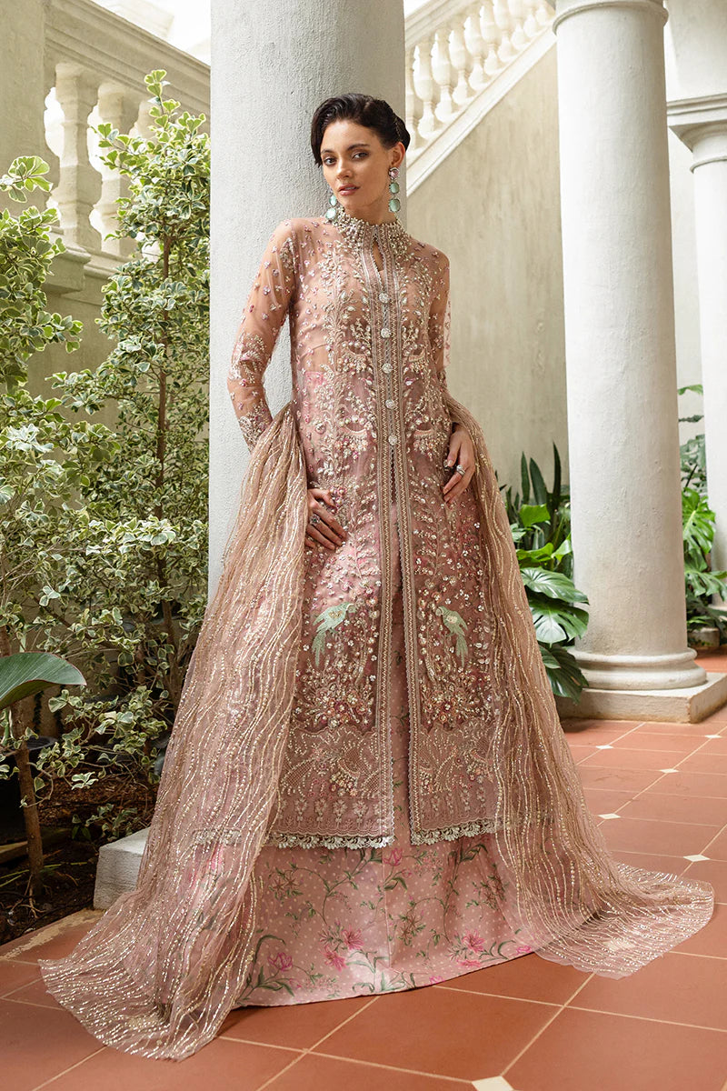 Mushq Before Sunrise coral pink embroidered luxury formal suit with sequins – shop online at Pakistanimoda.com.