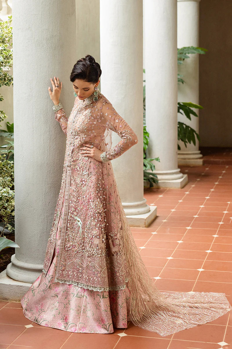 Mushq Before Sunrise coral pink embroidered luxury formal suit with sequins – shop online at Pakistanimoda.com.