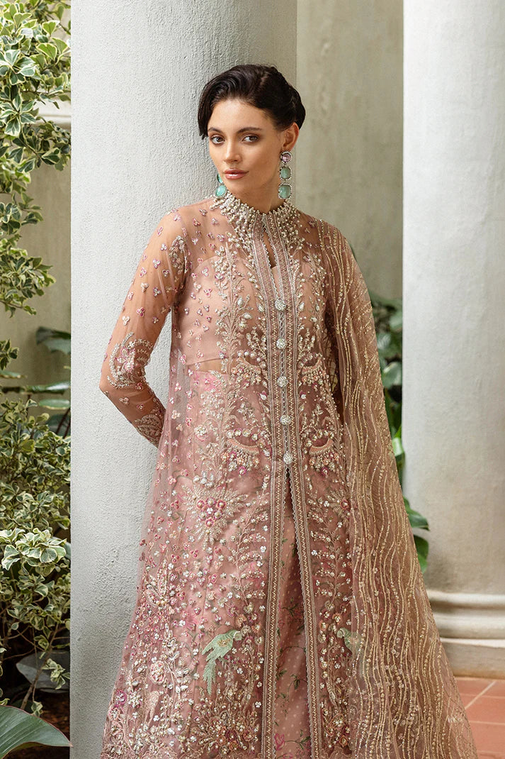 Mushq Before Sunrise coral pink embroidered luxury formal suit with sequins – shop online at Pakistanimoda.com.