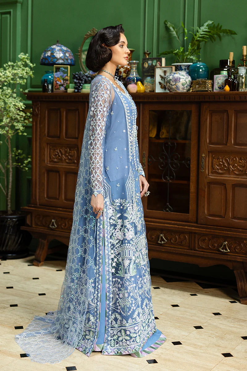 Mushq Before the Rain blue embroidered formal party wear with sequins and embellishments – shop stitched at Pakistanimoda.com.