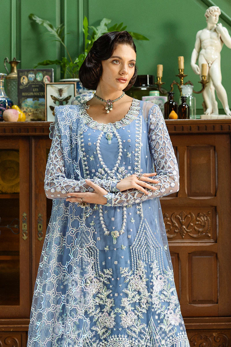 Mushq Before the Rain blue embroidered formal party wear with sequins and embellishments – shop stitched at Pakistanimoda.com.