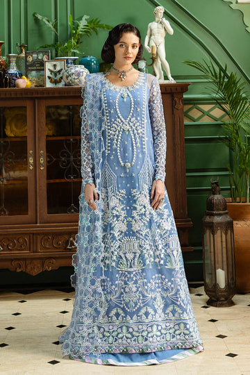 Mushq Before the Rain blue embroidered formal party wear with sequins and embellishments – shop stitched at Pakistanimoda.com.