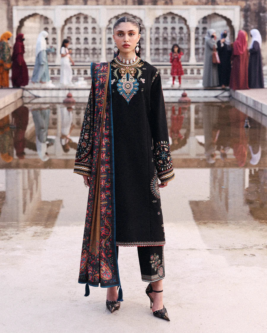 Jugnu Lahore Bejul black khaddar embroidered winter suit with printed wool shawl – 3pc stitched outfit.