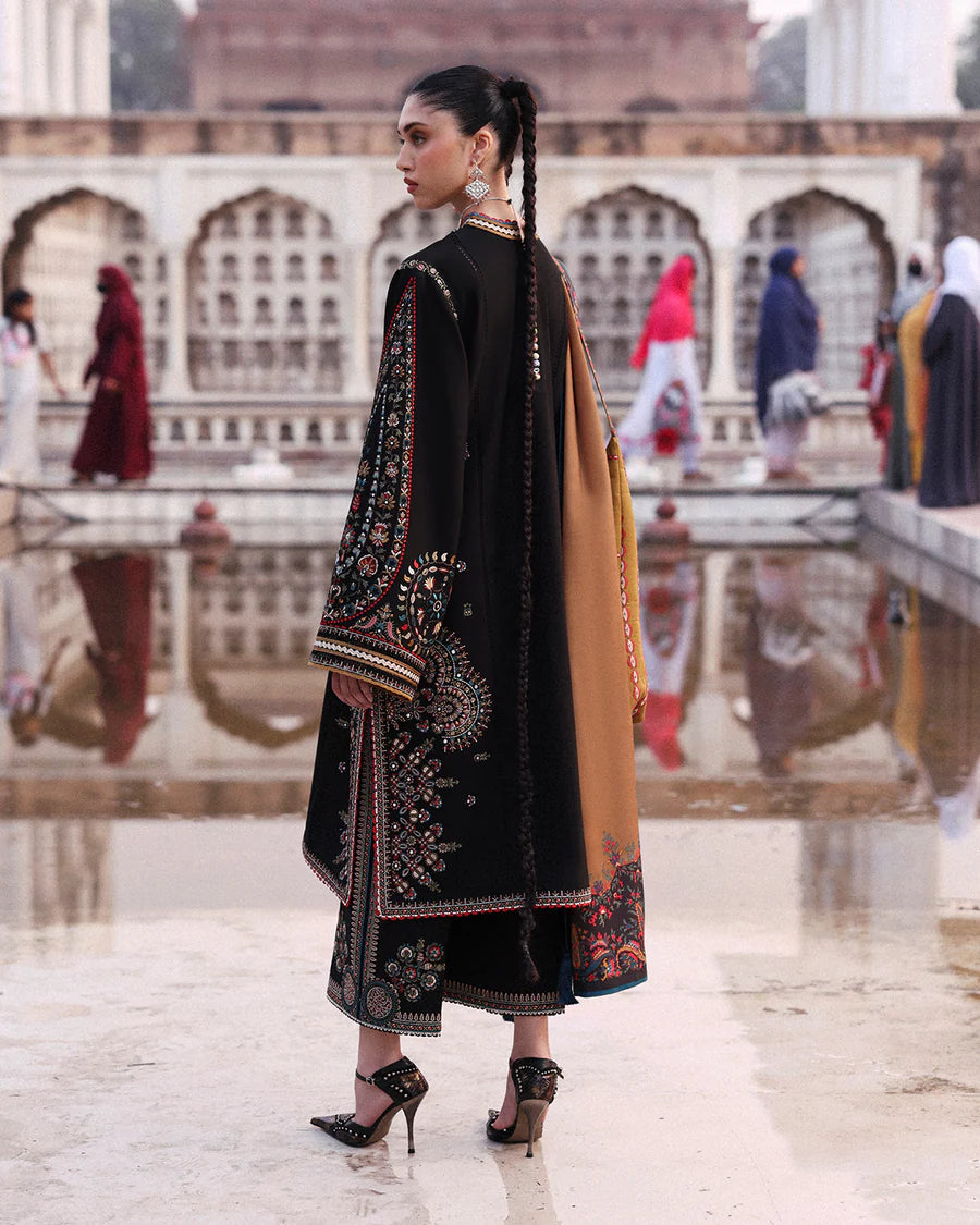 Jugnu Lahore Bejul black khaddar embroidered winter suit with printed wool shawl – 3pc stitched outfit.