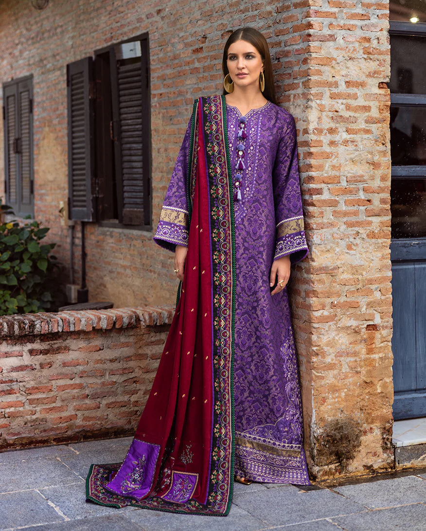 Model wearing Mushq Bella Terra purple jacquard embroidered winter outfit with viscose shawl – Winter Broadway 2025