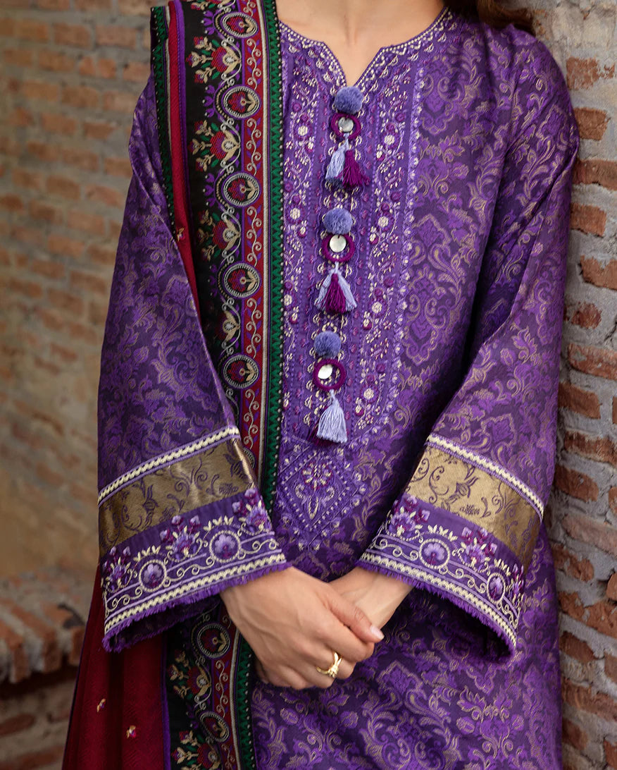 Model wearing Mushq Bella Terra purple jacquard embroidered winter outfit with viscose shawl – Winter Broadway 2025