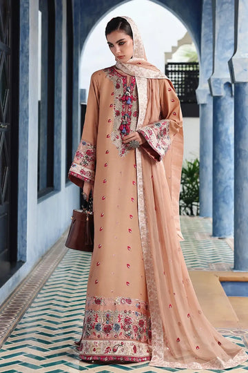Belladona Royale Nuvera peach embroidered raw silk stitched 3PC suit with chiffon dupatta
