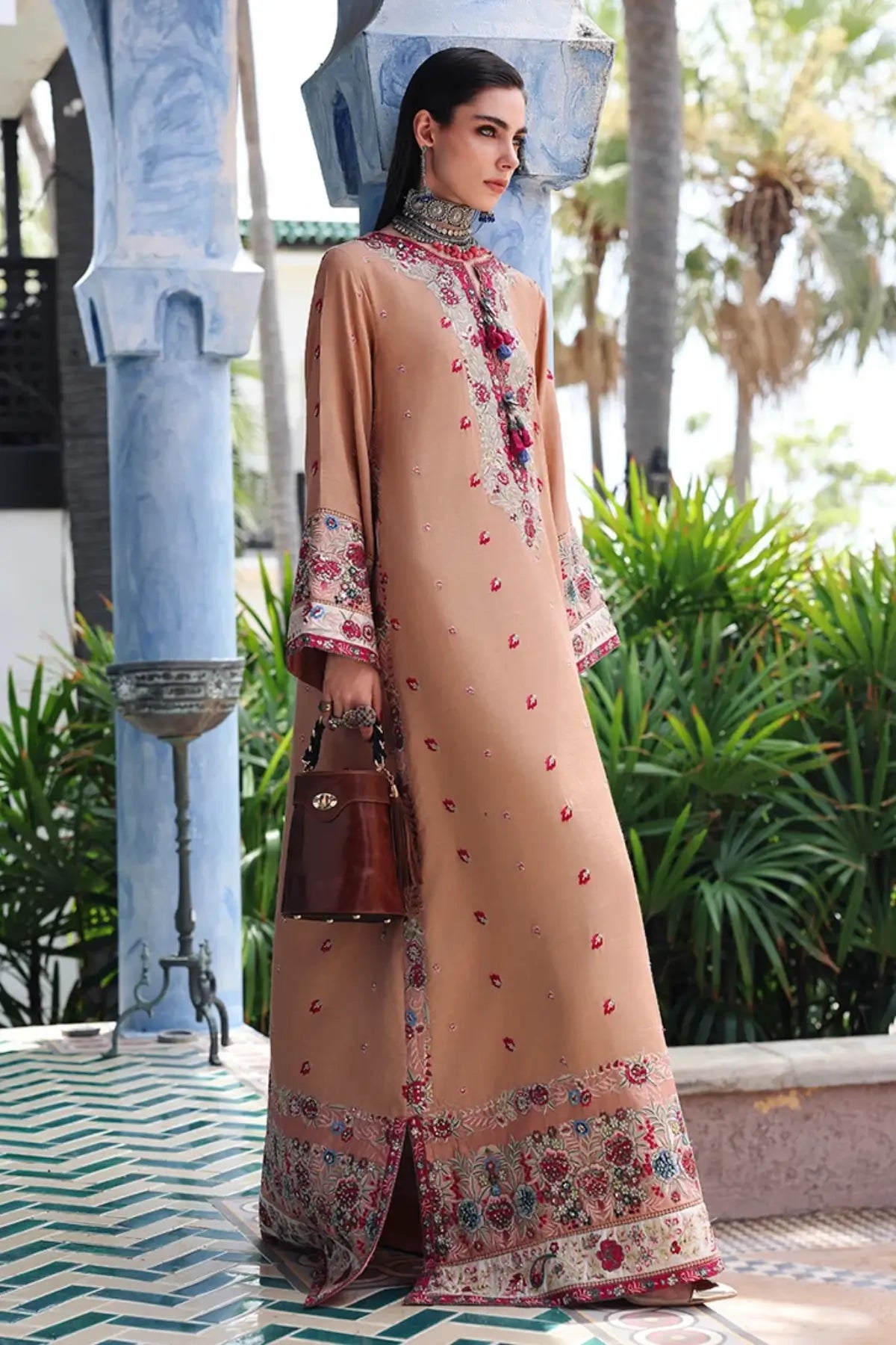 Belladona Royale Nuvera peach embroidered raw silk stitched 3PC suit with chiffon dupatta