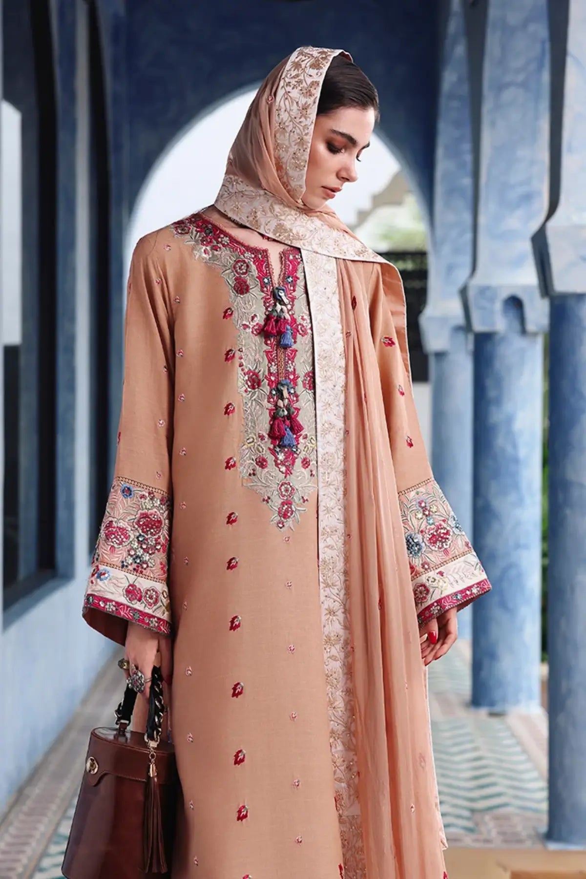 Belladona Royale Nuvera peach embroidered raw silk stitched 3PC suit with chiffon dupatta