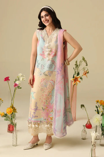 Bellarosa Mushq Soleil Prints Lemon Yellow Stitched 3PC Lawn Suit with floral print chiffon dupatta and embroidered organza details