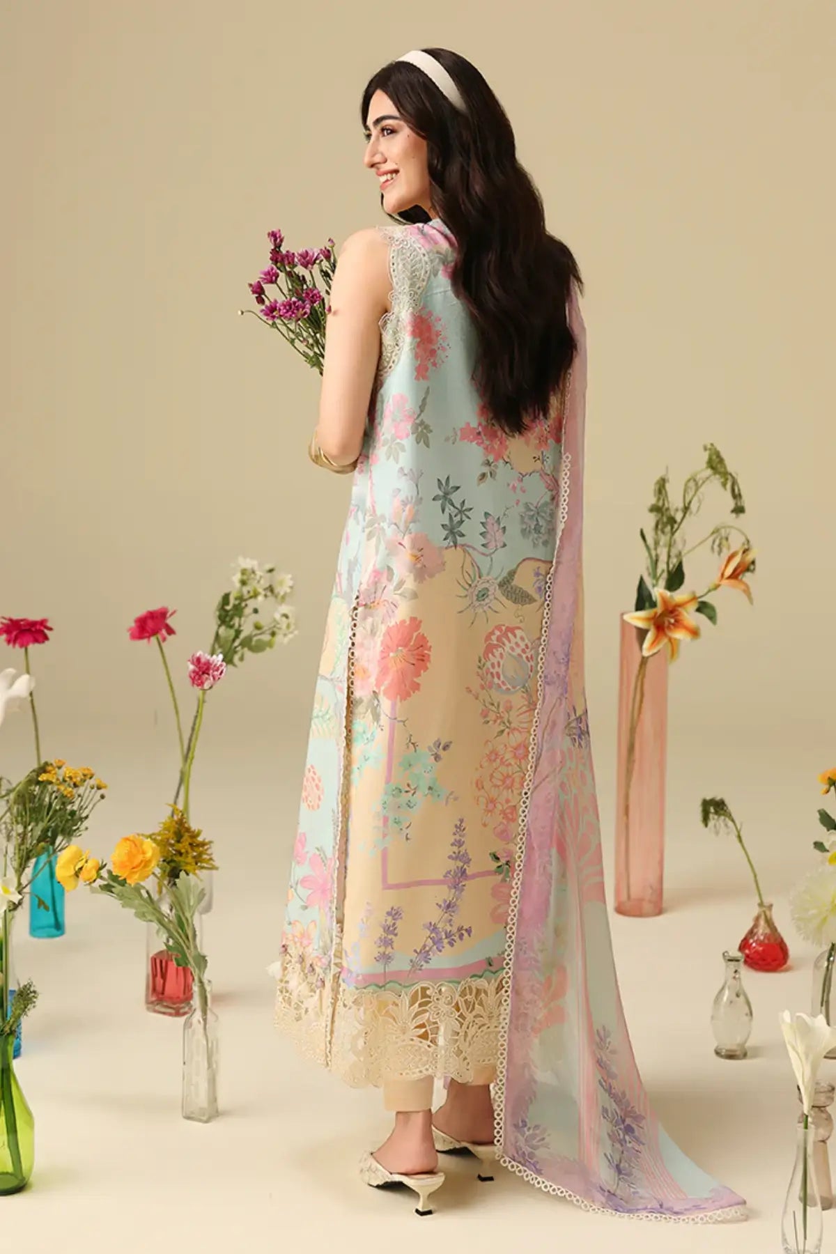 Bellarosa Mushq Soleil Prints Lemon Yellow Stitched 3PC Lawn Suit with floral print chiffon dupatta and embroidered organza details