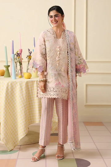 Berry Creme Mushq Soleil Prints skin stitched lawn 3PC suit with embroidered organza details and chiffon dupatta