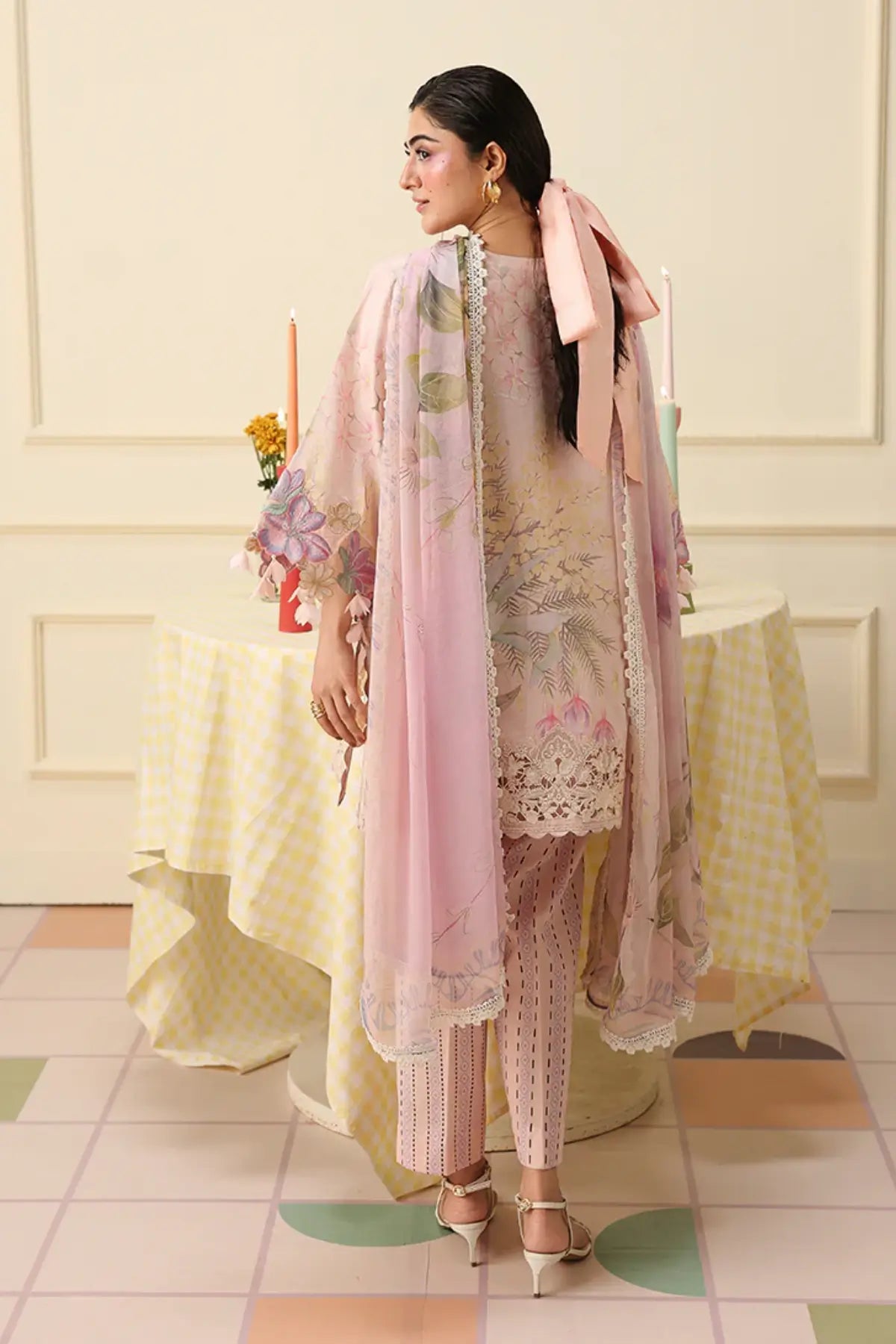 Berry Creme Mushq Soleil Prints skin stitched lawn 3PC suit with embroidered organza details and chiffon dupatta