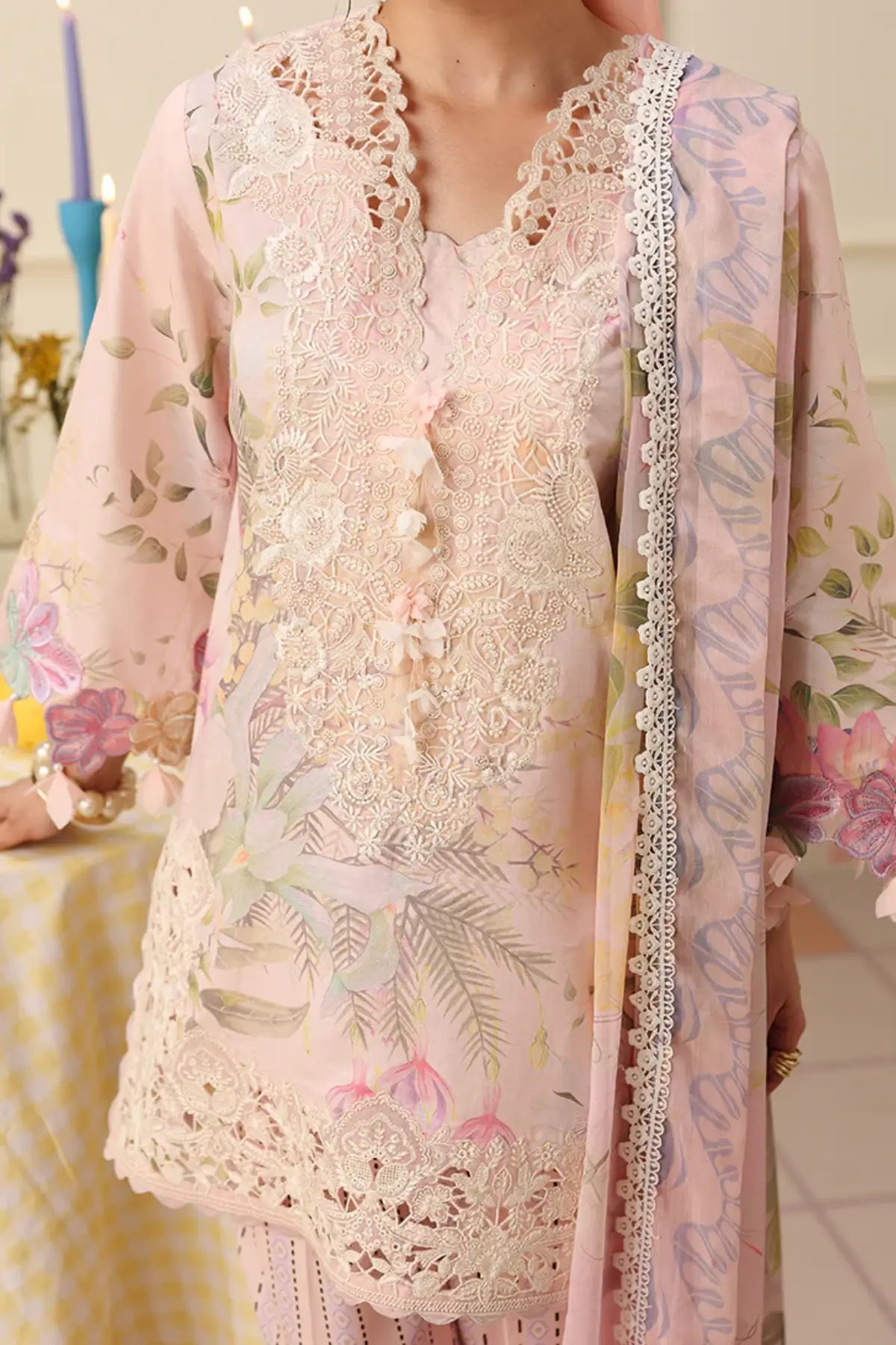 Berry Creme Mushq Soleil Prints skin stitched lawn 3PC suit with embroidered organza details and chiffon dupatta