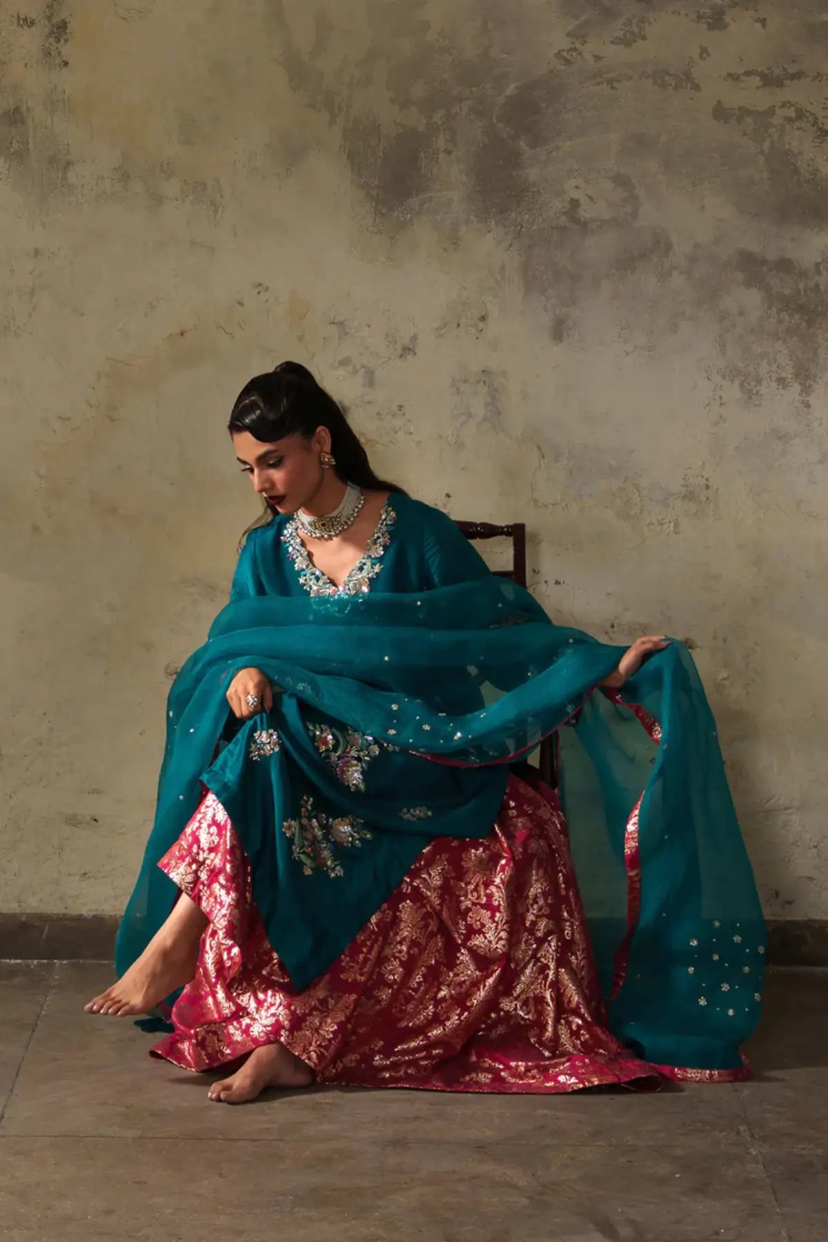 Beryl teal tussar silk stitched 3PC ghaghara formal suit with organza dupatta Pakistanimoda