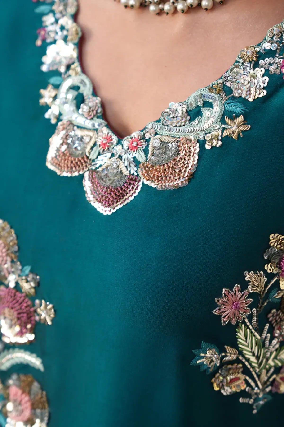 Beryl teal tussar silk stitched 3PC ghaghara formal suit with organza dupatta Pakistanimoda