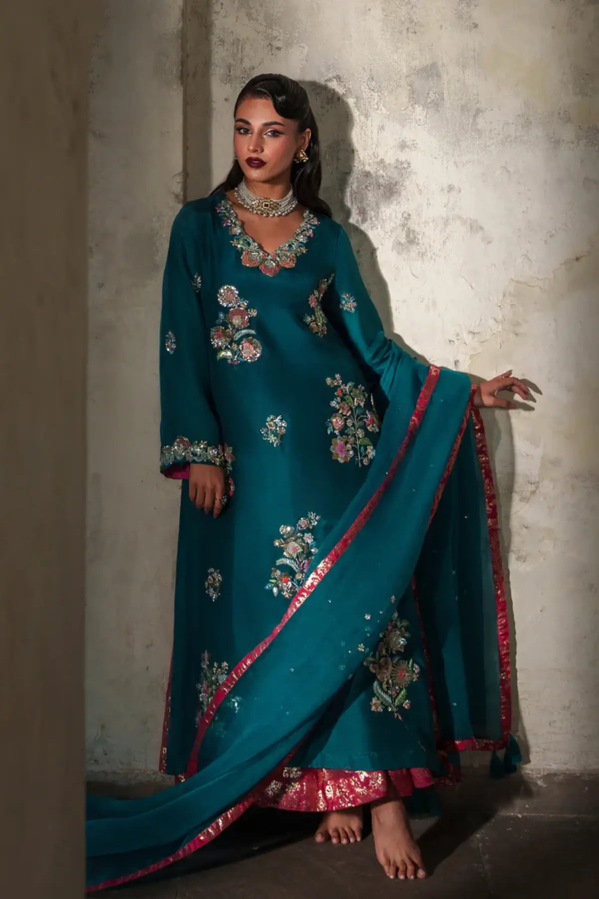 Beryl teal tussar silk stitched 3PC ghaghara formal suit with organza dupatta Pakistanimoda