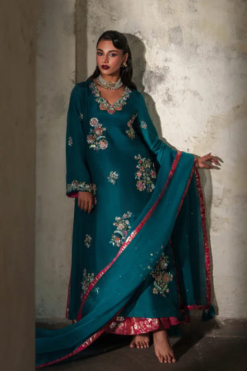 Beryl teal tussar silk stitched 3PC ghaghara formal suit with organza dupatta Pakistanimoda