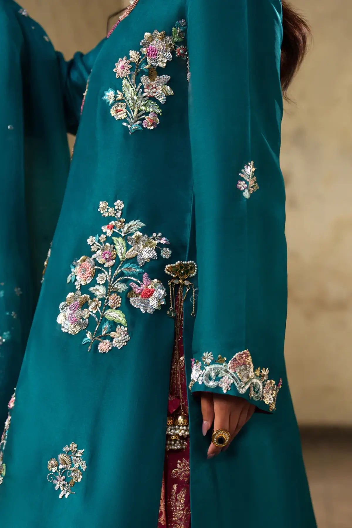 Beryl teal tussar silk stitched 3PC ghaghara formal suit with organza dupatta Pakistanimoda