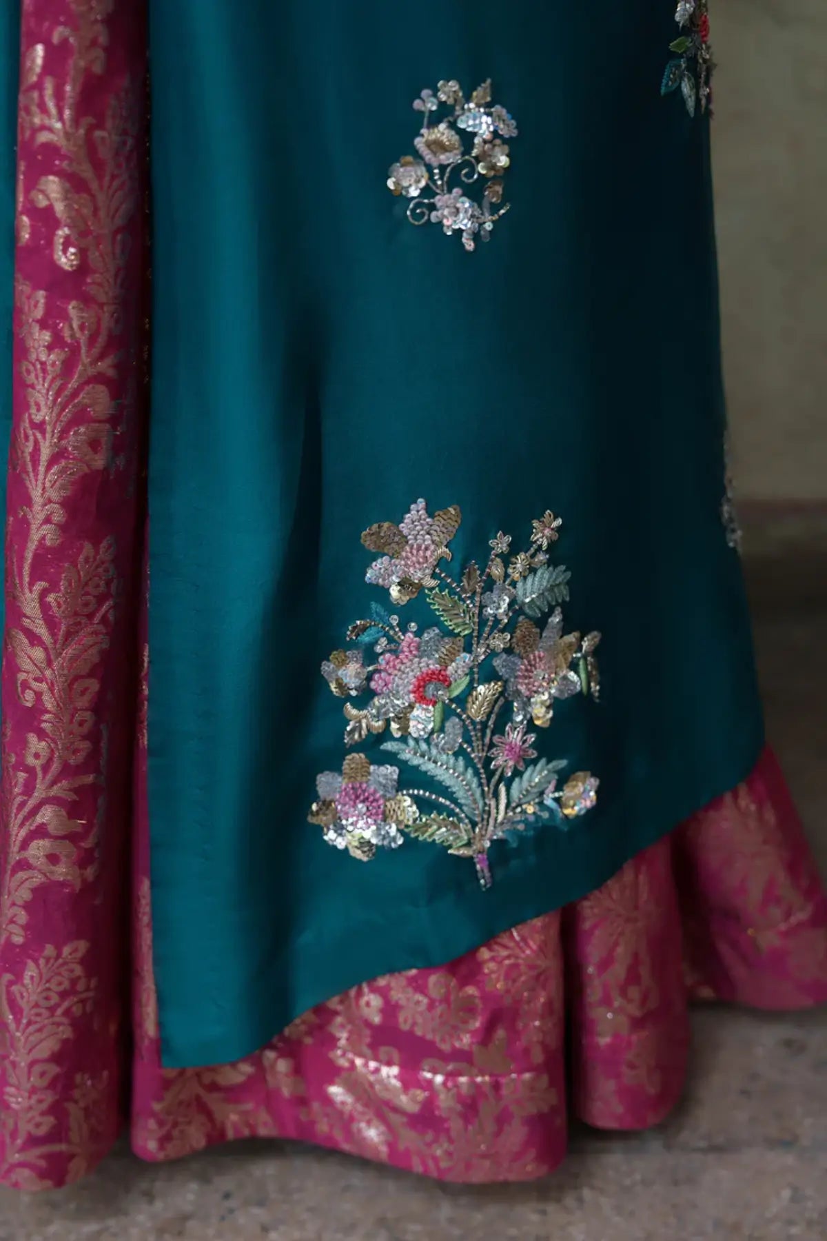Beryl teal tussar silk stitched 3PC ghaghara formal suit with organza dupatta Pakistanimoda