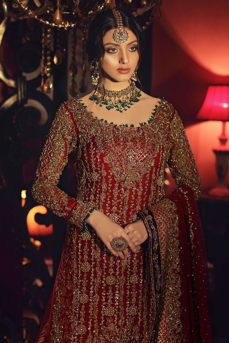 Beyhan Sultan-Deep Red Wedding Dress with Jamawar Lehnga