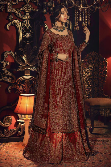 Beyhan Sultan-Deep Red Wedding Dress with Jamawar Lehnga