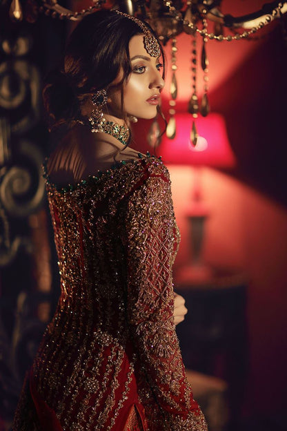 Beyhan Sultan-Deep Red Wedding Dress with Jamawar Lehnga