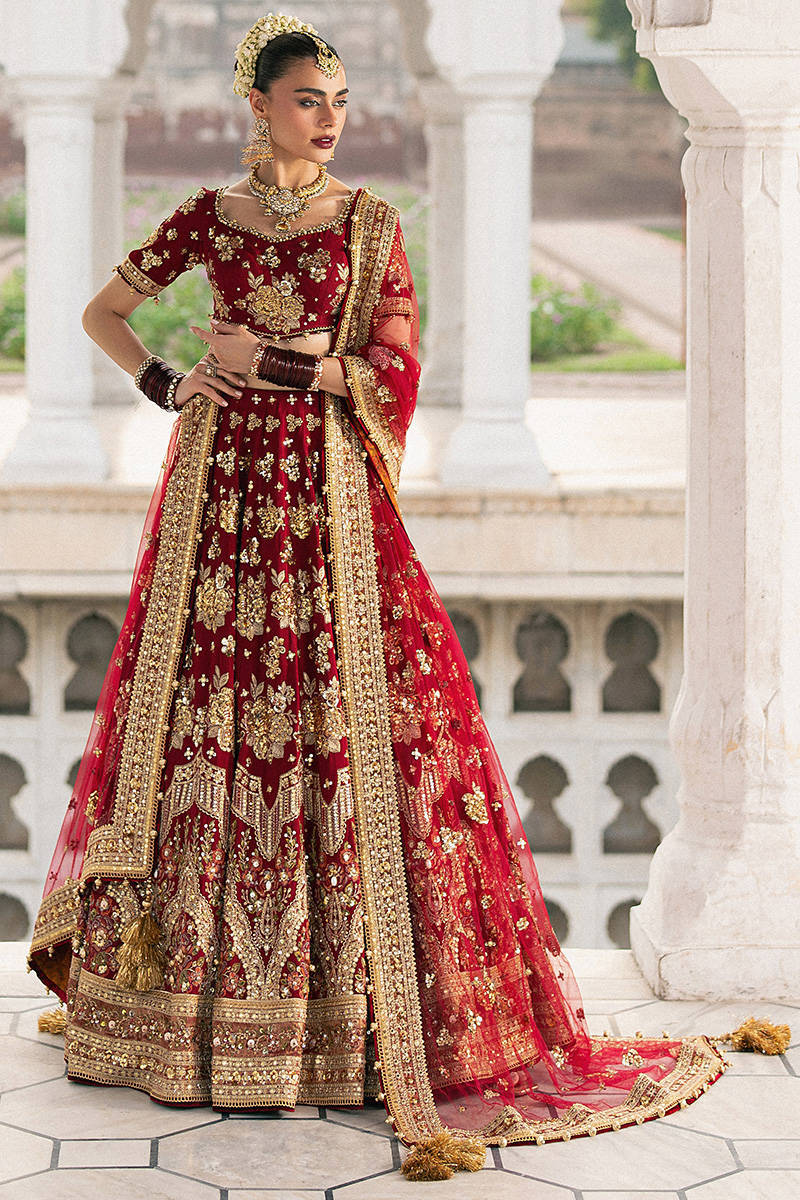Bia Jaan MNR red bridal lehenga set with adda embroidery and organza dupatta, stitched and available at Pakistanimoda with UK, USA, Canada delivery.
