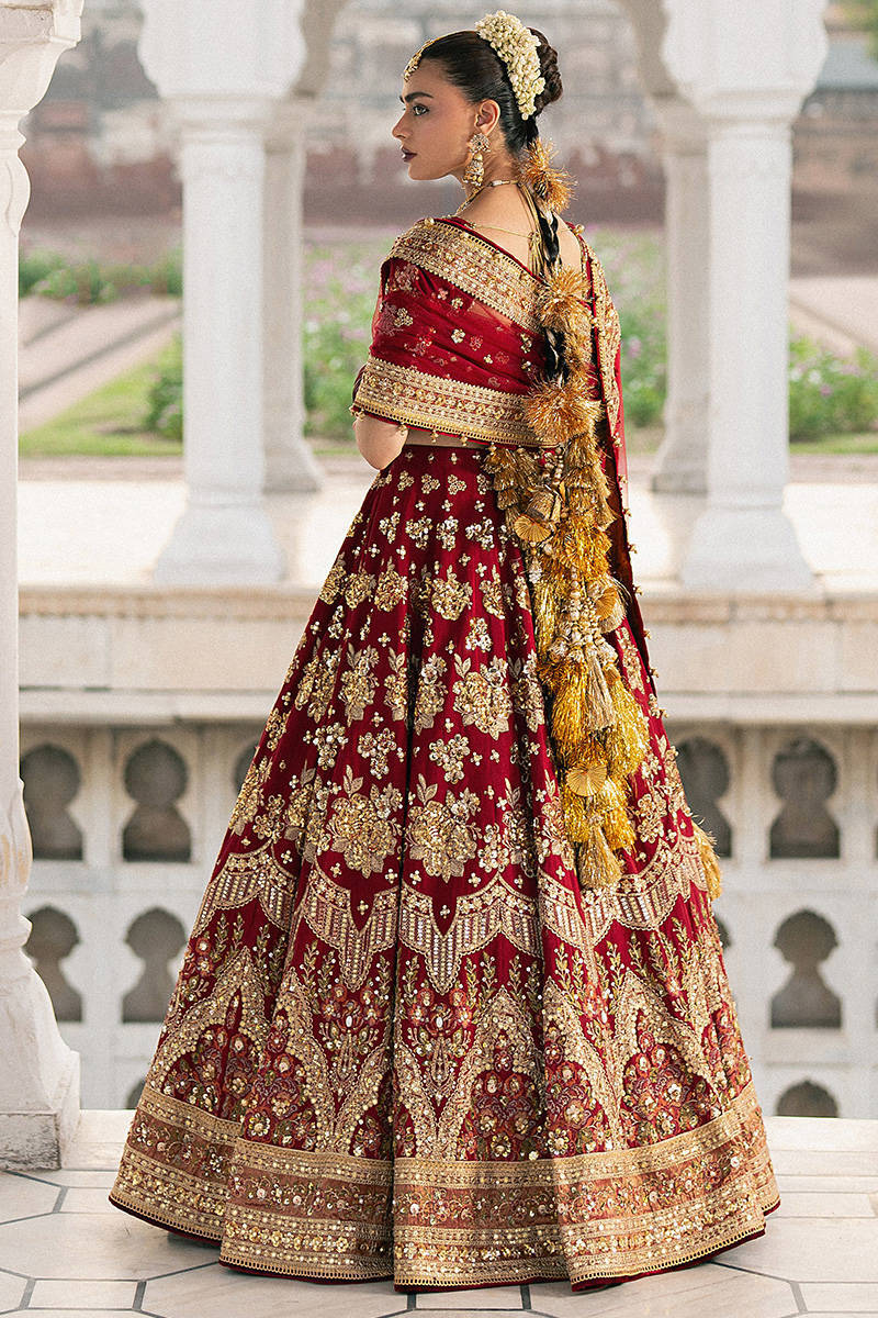 Bia Jaan MNR red bridal lehenga set with adda embroidery and organza dupatta, stitched and available at Pakistanimoda with UK, USA, Canada delivery.