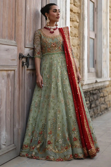 Bisma Mint Green Zardozi Net Pishwas with Lame Tissue Lehenga and Silk Net Dupatta