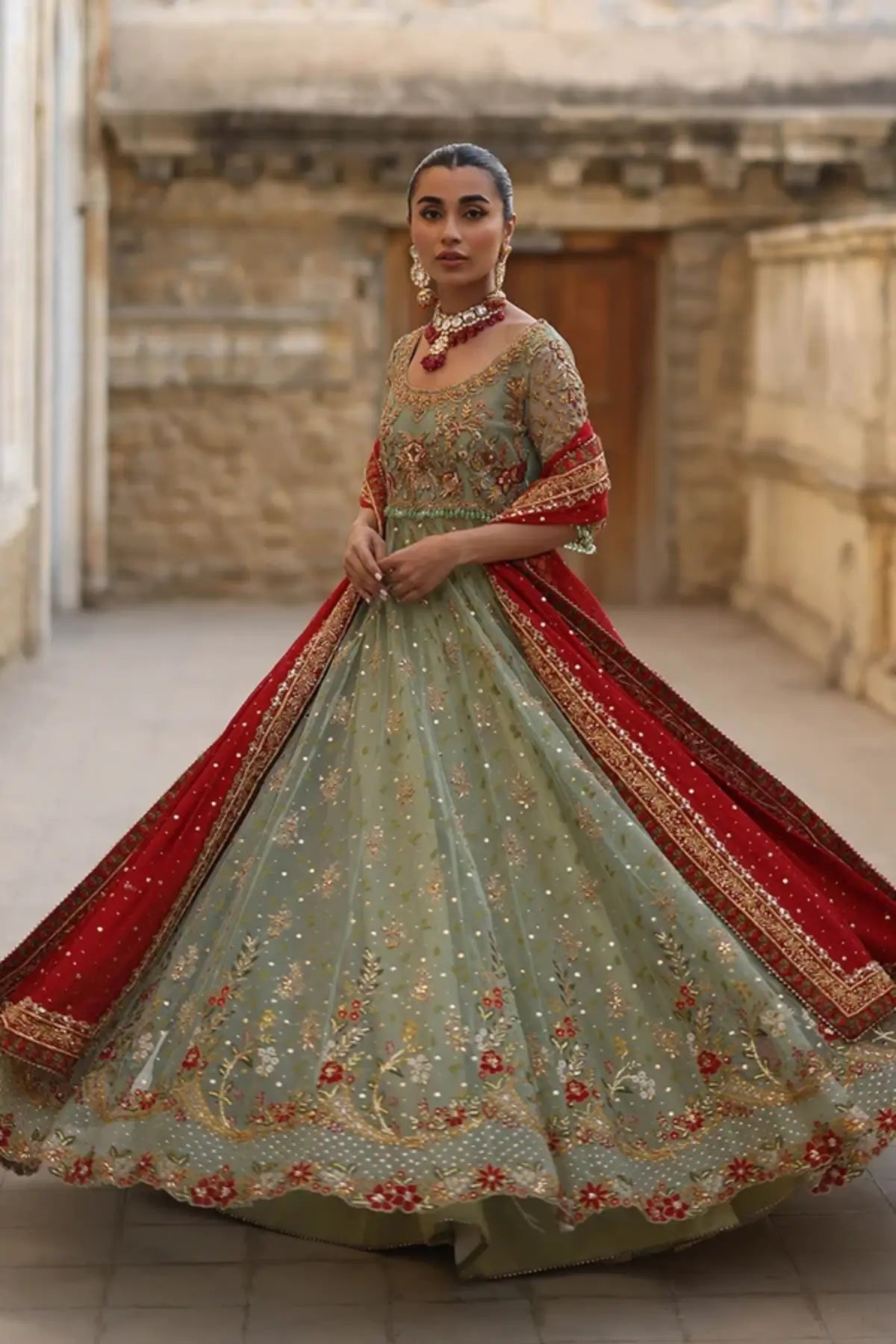 Bisma Mint Green Zardozi Net Pishwas with Lame Tissue Lehenga and Silk Net Dupatta