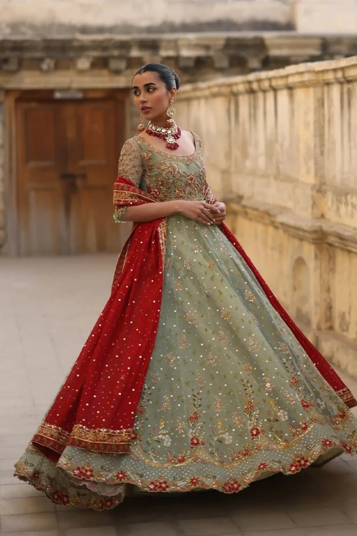 Bisma Mint Green Zardozi Net Pishwas with Lame Tissue Lehenga and Silk Net Dupatta