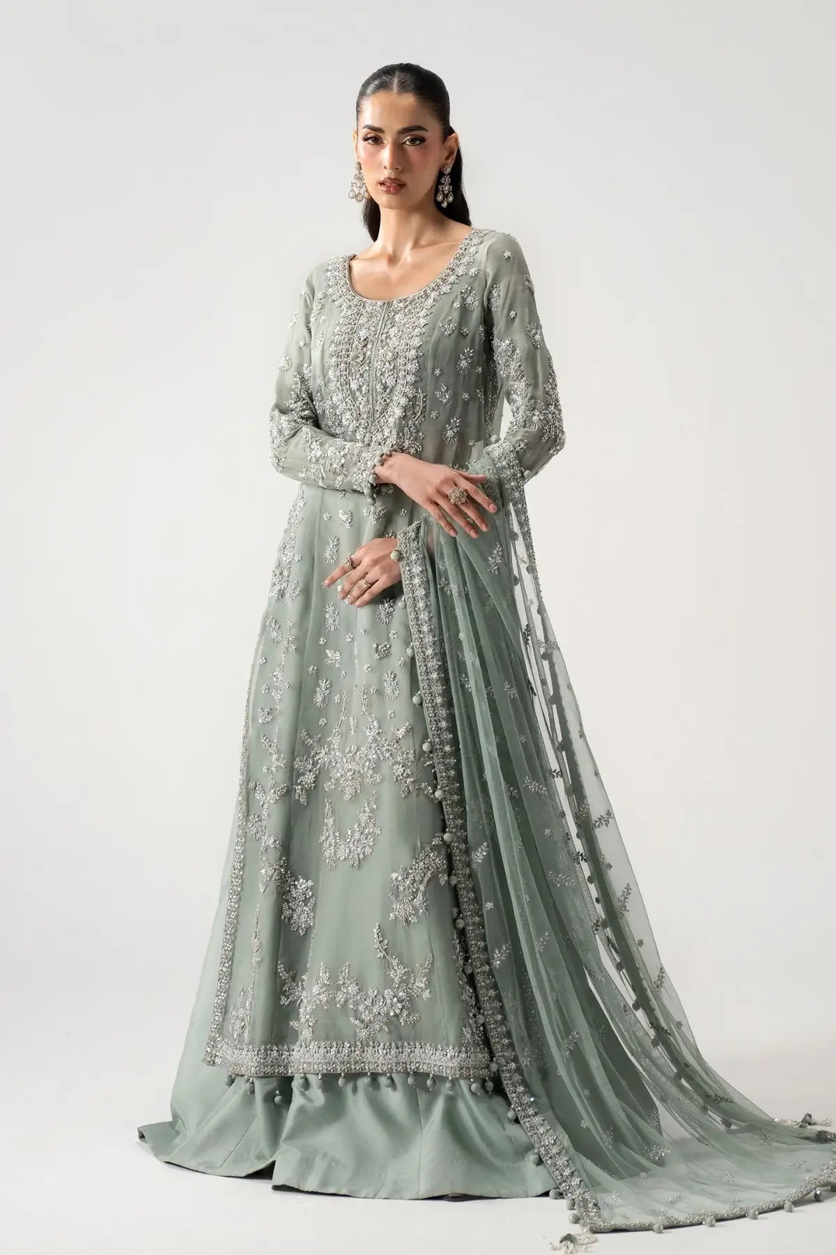 Bissan ice blue luxury wedding organza sharara with raw silk sharara and net dupatta by Maria B