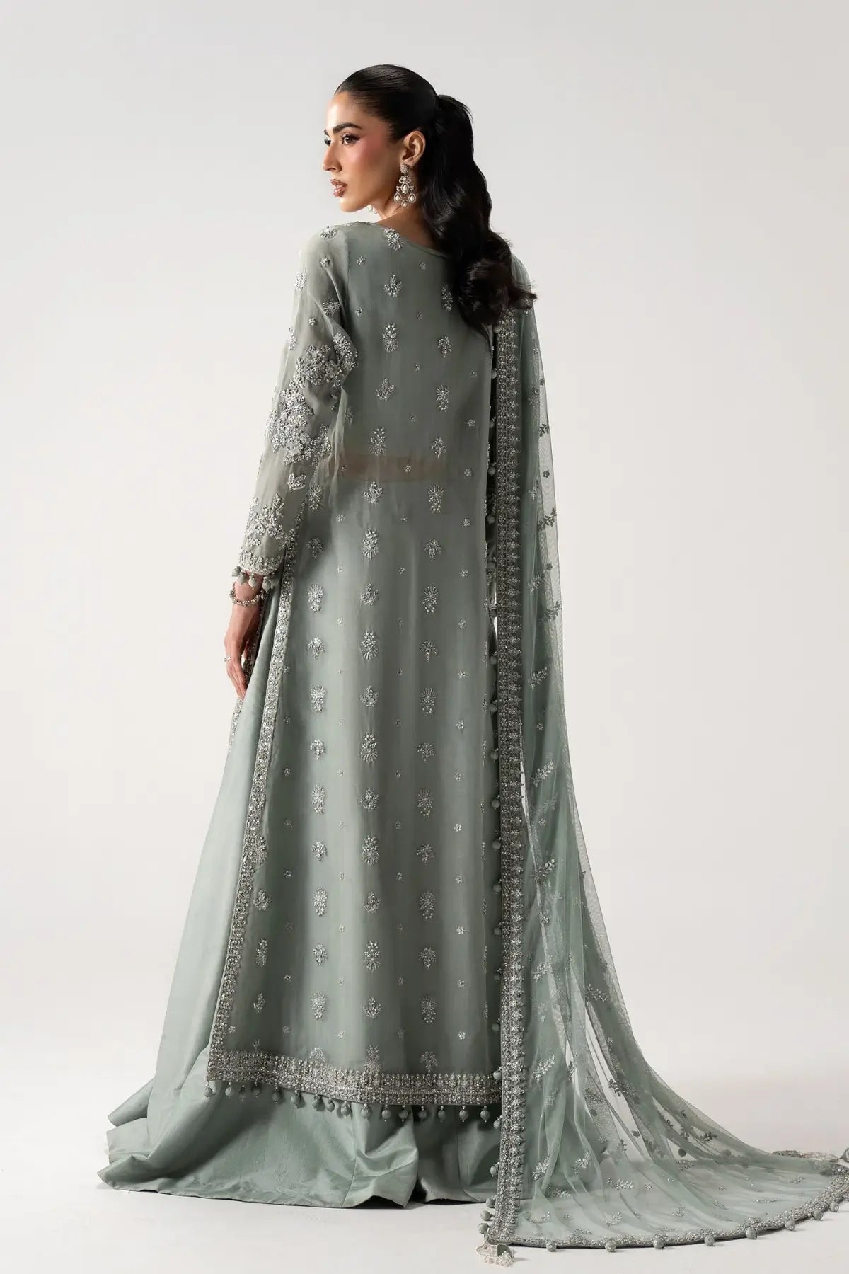 Bissan ice blue luxury wedding organza sharara with raw silk sharara and net dupatta by Maria B