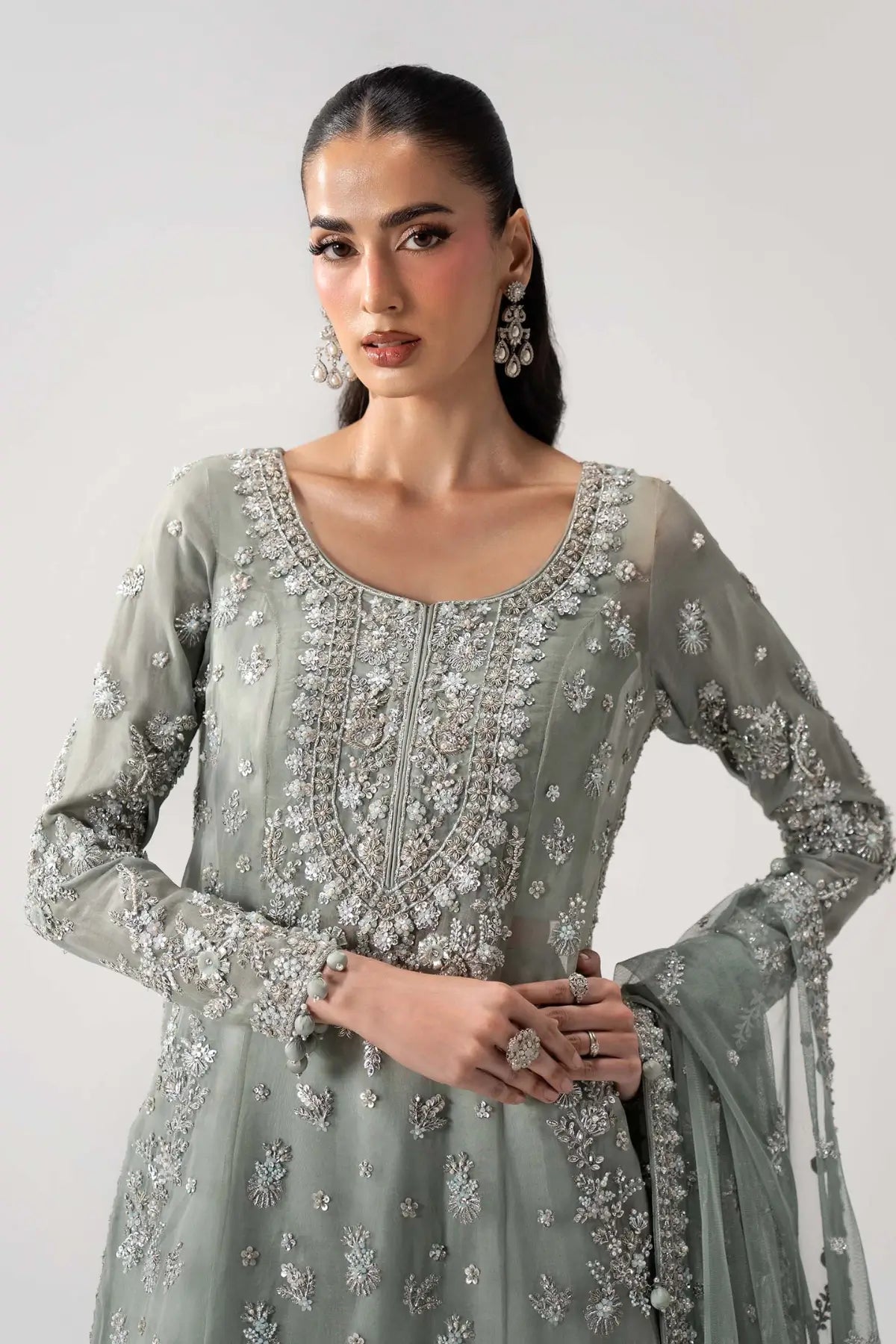 Bissan ice blue luxury wedding organza sharara with raw silk sharara and net dupatta by Maria B